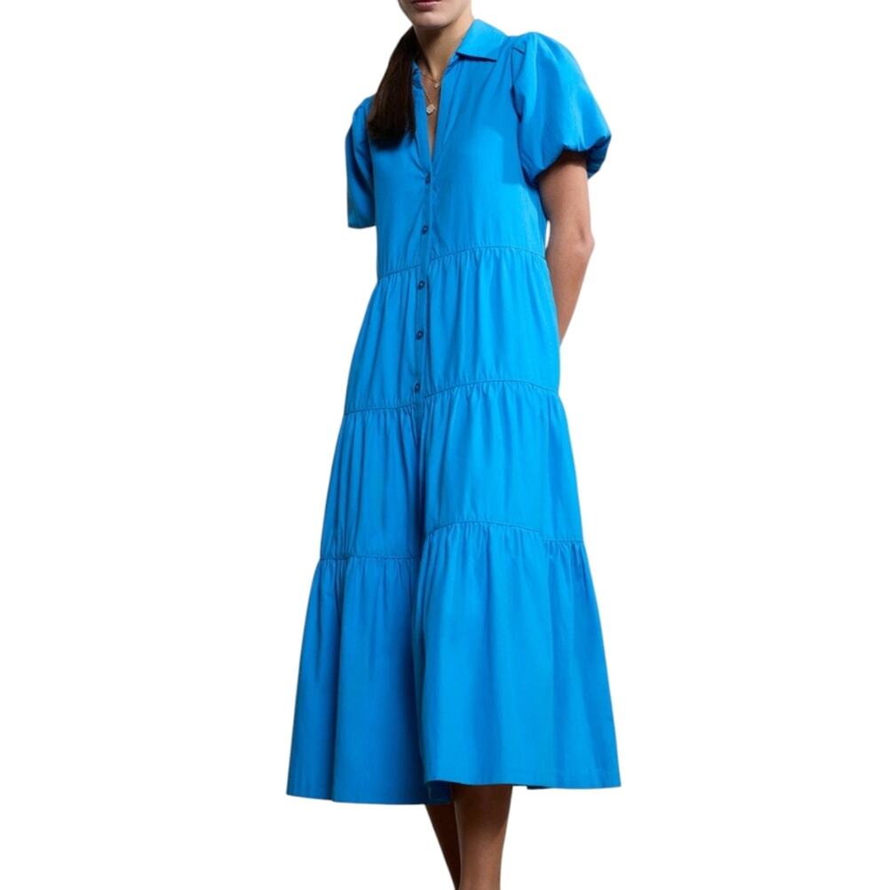 Brochu Walker The Havana Puff Sleeve Tiered Poplin Midi Dress in Azure Blue